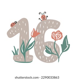 Sixteen. Number 16. Abstract math kids alphabet. School child graphic vector illustration. Mathematics font design with flowers.