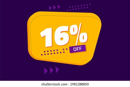 sixteen percent discount. purple banner with orange floating balloon for promotions and offers 