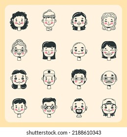 sixteen persons heads set characters