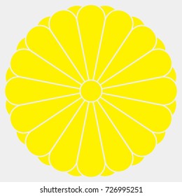 Sixteen petal yellow chrysanthemum on white background. The coat of arms of the Imperial family. Informal symbol of Japan. Vector illustration.