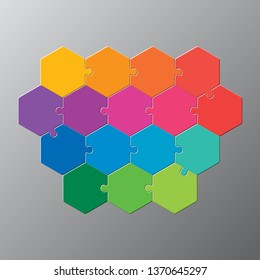 Sixteen pieces puzzle hexagonal diagram. Hexagon business presentation infographic. 16 steps, parts, pieces of process diagram. Section compare banner. Jigsaw puzzle info graphic. Marketing strategy.