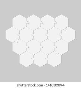 Sixteen pieces puzzle hexagonal diagram. Hexagon business presentation infographic. 16 steps, parts, pieces of process diagram. Section compare banner. Jigsaw puzzle info graphic. Marketing strategy.