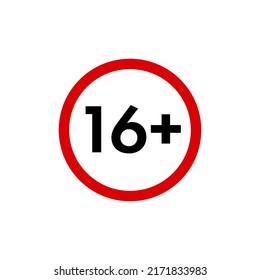 Sixteen plus icon, under 16 years old prohibition sign, age restriction symbol isolated on white. Vector illustration.