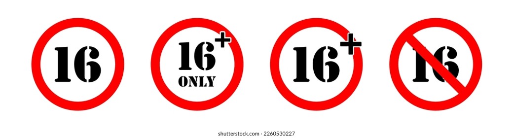 Sixteen plus only. Under 16 are not allowed. Restricted for kids. Censored concept. Vector icon set