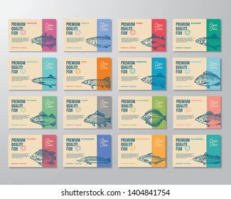 Sixteen Premium Quality Fish Labels Set. Abstract Vector Packaging Design or Label. Modern Typography and Hand Drawn Fish Sketch Silhouettes Background Layouts with Soft Shadows. Isolated.
