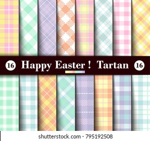 Sixteen Set of Easter Tartan Seamless Patterns. Collection of Plaid with Yellow, Blue, Green, Pink, Red, Lilac, Purple and White Pastel Colors. Trendy Tiles Vector Illustration for Wallpapers.