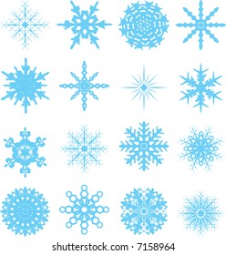 sechzehn Schneeflocken auf Blau mit verschiedenen Variationen ideal für Ihre eigenen Kunstwerke