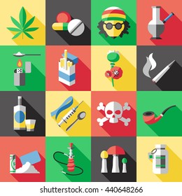 Sixteen Square Flat Drugs Icon Set With Different Types Of Drug Dependence Alcohol And Smoking Vector Illustration