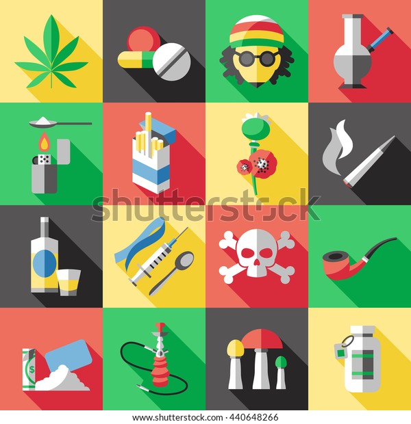 16種類の平らな麻薬のアイコンセットで さまざまな種類の薬物依存性アルコールと喫煙ベクターイラスト のベクター画像素材 ロイヤリティフリー