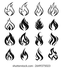 Sixteen stylized black flame icons with varying shapes and internal lines are arranged in a four-by-four grid on a white background.