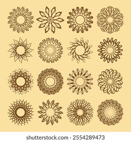 Sixteen stylized flowers, round decorative elements, mandalas in vintage style. Vector set