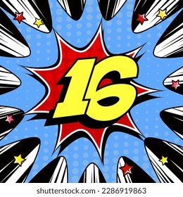 sixteen superhero number celebrate birthday comic explosion pop art wallpaper vector