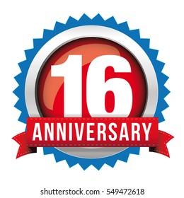 Sixteen years anniversary badge with red ribbon