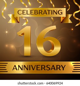 Sixteen Years Anniversary Celebration Design. Confetti and gold ribbon on golden background. Colorful Vector template elements for your birthday party. Anniversary ribbon