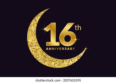 Sixteen Years Anniversary Celebration Golden Emblem in Black Background. Number 16 Luxury Style Banner Isolated Vector.