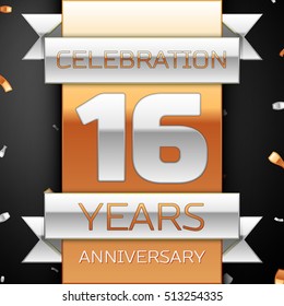 Sixteen years anniversary celebration golden and silver background. Anniversary ribbon