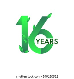 sixteen years anniversary celebration logotype with leaf and green colored. 16th birthday logo on white background