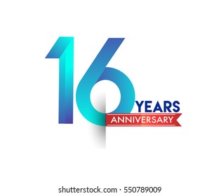 sixteen years anniversary celebration logotype blue colored with red ribbon. 16th birthday logo on white background