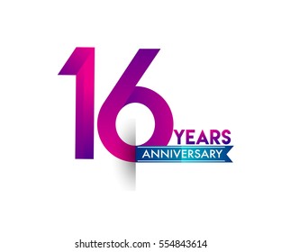 sixteen years anniversary celebration logotype colorfull design with blue ribbon, 16th birthday logo on white background