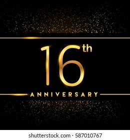 sixteen years anniversary celebration logotype. 16th anniversary logo with confetti golden colored isolated on black background, vector design for greeting card and invitation card