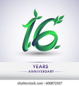 sixteen years anniversary celebration logotype with leaf and green colored. 16th birthday logo on white background.