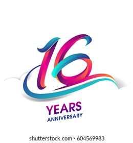 sixteen years anniversary celebration logotype blue and red colored. 16th birthday logo on white background.