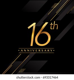 sixteen years anniversary celebration logotype. 16th anniversary logo golden colored isolated on black background, vector design for greeting card and invitation card.