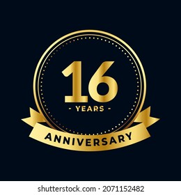 Sixteen Years Anniversary Gold and Black Isolated Vector