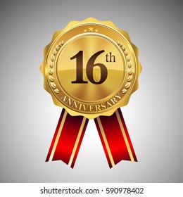 sixteen years anniversary logotype, with golden badge and red ribbon, vector elements for 16th years birthday celebration