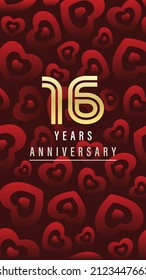 sixteen years anniversary wallpaper red background made of hearts vector illustration