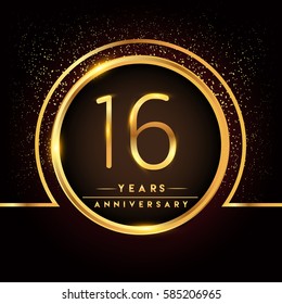 sixteen years birthday celebration logotype. 40th anniversary logo with confetti and golden ring isolated on black background, vector design for greeting card and invitation card.