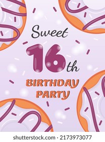 Sixteen years old birthday invitation with delicious donut