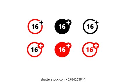 Sixteen years over icon set. Over 16 only, age restriction sign. Vector on isolated white background. EPS 10