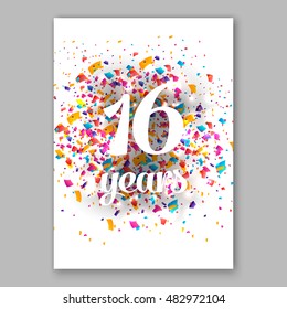 Sixteen years paper sign over confetti. Vector holiday illustration.