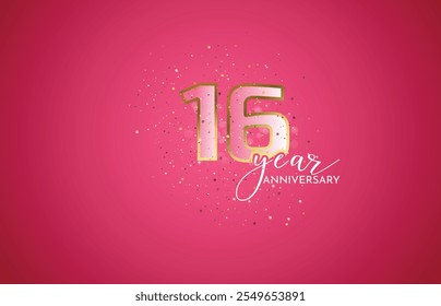 sixteenth 16th Anniversary celebration, 16 Anniversary celebration, Realistic 3d sign, stars, pink background, festive illustration, golden, Pink number 6 sparkling confetti, 16,17