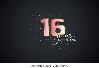 sixteenth 16th Anniversary celebration, 16 Anniversary celebration, Realistic 3d sign, stars, pink background, festive illustration, golden, Black number 6 sparkling confetti, 16,17