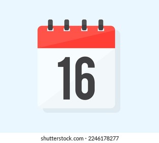 El decimosexto día del mes con el diseño del logo de fecha 16. Concepto de gestión y planificación del tiempo. Icono del calendario día plano 16. Símbolo de recordatorio. Fecha de programación del evento. Planificar la planificación. Cita de reunión.