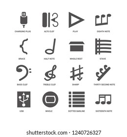 Sixteenth note, Half Charging Plug, Alto clef, Thirty second note rest, Sharp, Treble Dotted barline icon 16 set EPS 10 vector format. Icons optimized for both large and small resolutions.