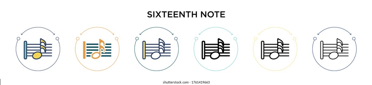 Sixteenth note icon in filled, thin line, outline and stroke style. Vector illustration of two colored and black sixteenth note vector icons designs can be used for mobile, ui, web