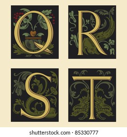 Sixteenth-Century alphabet Q R S T in editable vector file