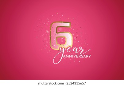 Sixth 6th Anniversary celebration, 6 Anniversary celebration, Realistic 3d sign, stars, pink background, festive illustration, golden, Pink number 6 sparkling confetti, 6,7