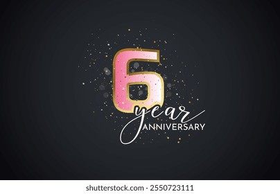 Sixth 6th Anniversary celebration, 6 Anniversary celebration, Realistic 3d sign, stars, Dark background, festive illustration, golden, Pink number 6 sparkling confetti, 6,7
