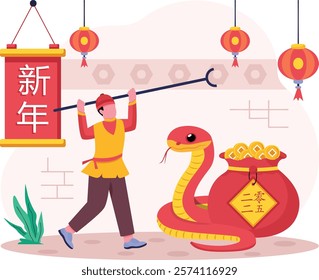 sixth animal in the Chinese zodiac concept, Person picking up gold coin from Pot vase vector design, Chinese New Years Beginnings scene, Wood Snake 2025 banner, China Spring Festival illustration