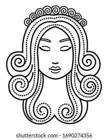 Sixth astrological sign, virgo associated with constellation. Beautiful woman face. Myths view this zodiac as virgin, maiden. Contour drawing on white background. Vector illustration in flat style