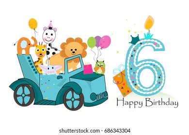Sixth birthday car with animals background. Birthday greeting card