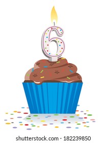 sixth birthday cupcake with lit candle in shape of number six 