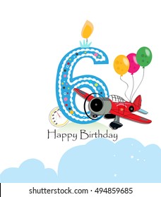 Sixth birthday greeting card. Air plane and balloon happy birthday boy greeting card
