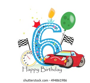 Sixth birthday greeting card. Car vector illustration background