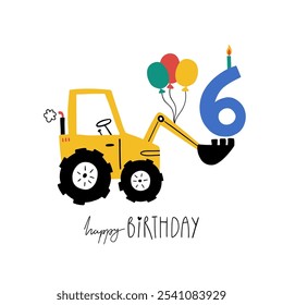 Sixth birthday. Hand drawn happy birthday card with cute cartoon car tractor with balls, candle and lettering Happy Birthday. Vector illustration. Baby boy greeting card for 6th birthday