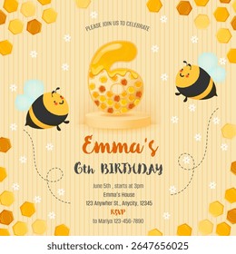 Sixth birthday invitation template, bees and honeycomb, honey, pastel yellow background, number six on podium, daisies in background